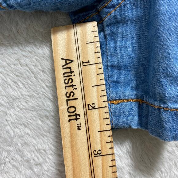Dollhouse Blue‎ Denim Romper Shortalls Women M Distress Utility Roll Tab Sleeve - Picture 11 of 11